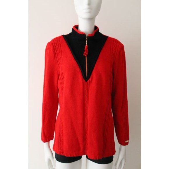 St. John Sport 1/4 Zip Knit Sweater Size Large Red Black Vintage - Picture 1 of 10